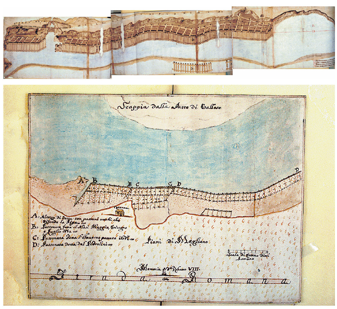 Tav. VII - b: 1) Barriera di passonate costruita sotto il fosso di Magliano: le travi di legno sono state piantate in fila, verticalmente, nel fondo del fiume. Il disegno mostra quale fosse lo stato delle rive, ormai completamente erose dalle acque del Tevere che era sul punto di inondare la Via Flaminia. 2) Erosione delle rive e infiltrazione delle acque del Tevere nei Piani di Magliano. In primo piano file di passonate costruite sul lato della riva posta di fronte alla Memoria di Urbano VIII (anni 1671-72).