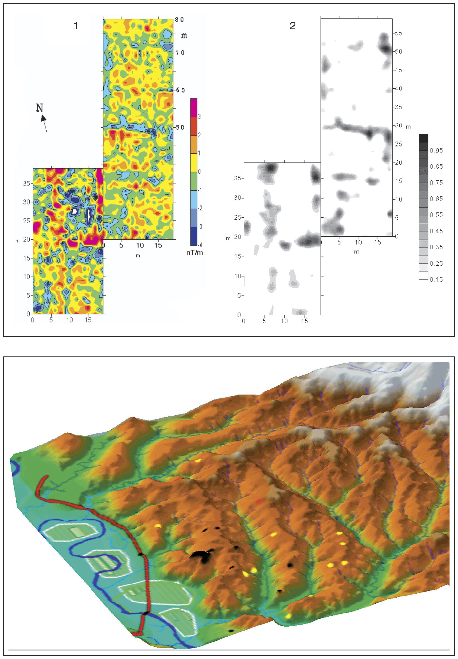 Tav. VIII – a: Magnetometria differenziale fluxgate. 1) Contour map dei valori residui del gradiente della componente Z del C.M.T. (Campo Magnetico Terrestre). Contour interval - 4/ + 4 nT. 2) Contour map dei valori normalizzati della cross-correlazione 2D. Si evidenzia la posizione e la direzione delle strutture attese. b: Magliano Sabina. Rappresentazione tridimensionale dell’area in corso di studio. Sulla mappa sono posizionati i siti archeologici di età romana distinti cronologicamente, le principali vie di comunicazione, l’andamento del fiume Tevere prima che ne fosse forzatamente deviato il corso, l’idrografia principale. 