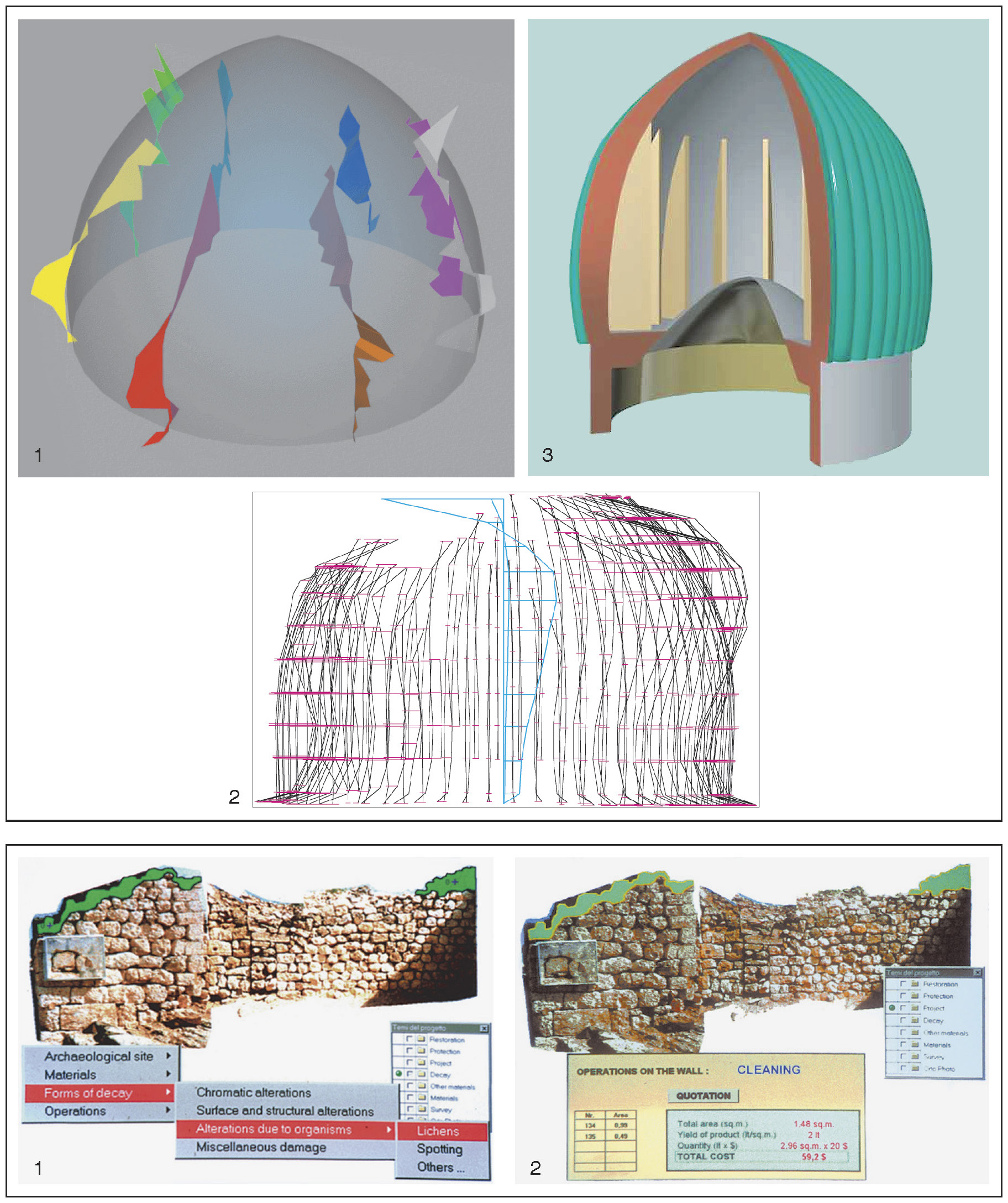 Tav. IX – a: 1) Le deformazioni rispetto alla cupola ideale del mausoleo di Shad i Mulk Aka. Le deformazioni sono state enfatizzate di un fattore 10. 2) Le deformazioni dei costoloni dell’estradosso della cupola esterna calcolati rispetto al costolone ideale. 3) Modellizzazione CAD della ricostruzione architettonica virtuale del mausoleo di Gur i Amir. b: 1) Archivi precostituiti possono essere richiamati a monitor per mezzo di speciali “finestre” collegate tra loro secondo una struttura ad albero che permette il passaggio da dati di natura generale a dati sempre più dettagliati. 2) La misura automatica delle aree sottoposte a degrado insieme alla conoscenza di altre informazioni permettono la redazione di preventivi rapidi e accurati.