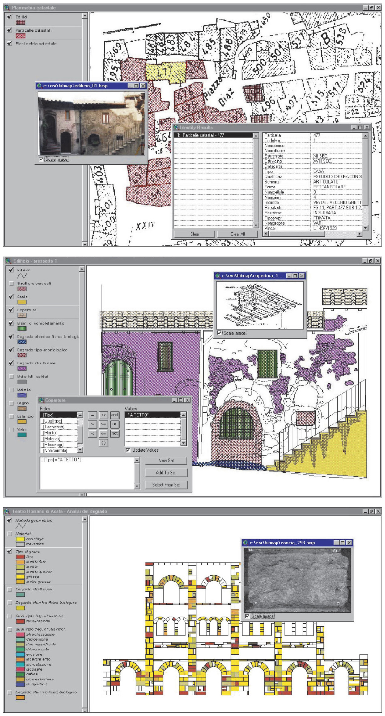 Tav. X – ARKIS. a: Procedure di consultazione dati di un edificio sulla mappa catastale (Sacrofano). b: Procedure di consultazione dati del prospetto di un edificio (Sacrofano). c: Procedure di consultazione dati della facciata sud del teatro romano di Aosta.