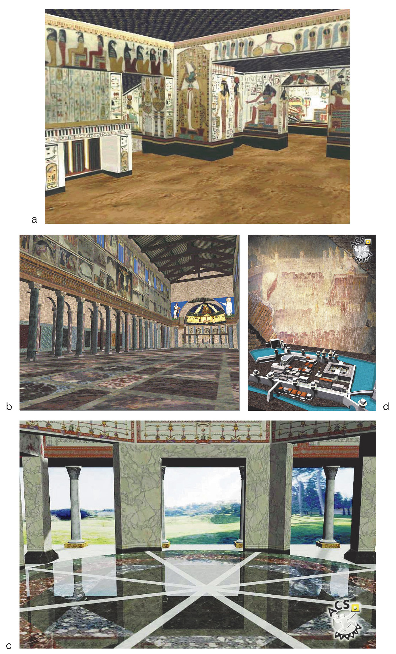 Tav. XII – Ricostruzioni virtuali. a: Tomba di Nefertari (Infobyte). b: Basilica di San Pietro (Infobyte). c: Domus Aurea: la stanza ottagonale (ACS Studio). d: Ricostruzione virtuale della città romana rappresentata su un affresco rinvenuto nella Domus Aurea (ACS Studio).