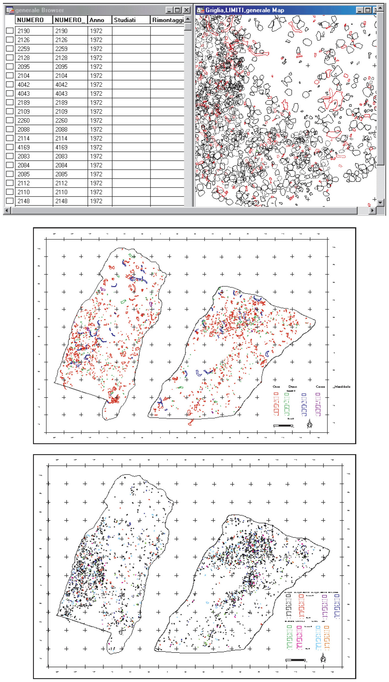 Tav. XIV – a: Associazione dei dati attraverso query SQL in MapInfo. b: Garba IV D. Pianta tematica relativa ai resti faunistici. c: Garba IV D. Pianta tematica relativa all’industria su scheggia in ossidiana.