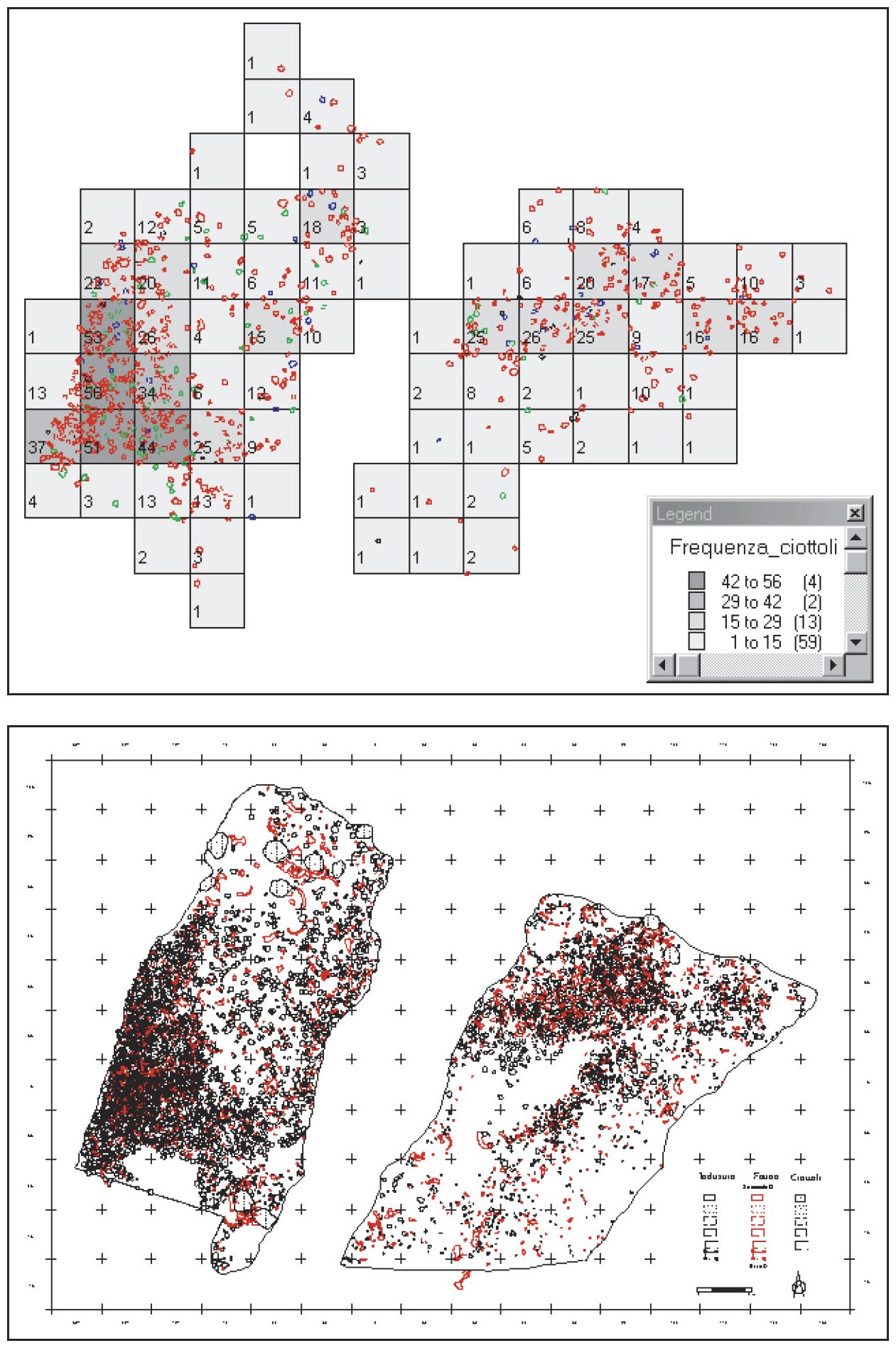 Tav. XV – a: Garba IV D. Pianta di frequenza dell’industria su ciottolo. b: Garba IV D. Distribuzione tematica dei materiali rinvenuti sulla paleosuperficie.