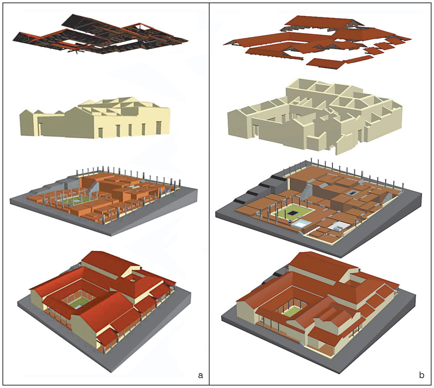 Tav. XVI – a: Insula of Carvalheiras. Phase I, 1st century AD. b: Insula of Carvalheiras. Phase II, 2nd century AD. 