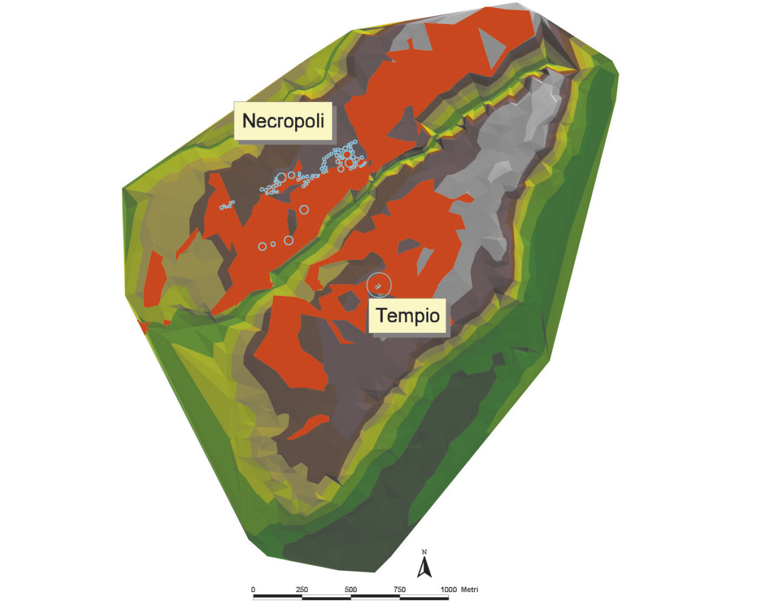 Tav. III –  a: Progetto Caere: pianoro urbano e necropoli della Banditaccia. Applicazione della
Viewshed Analysis: in rosso sono evidenziate le aree visibili dal tempio.