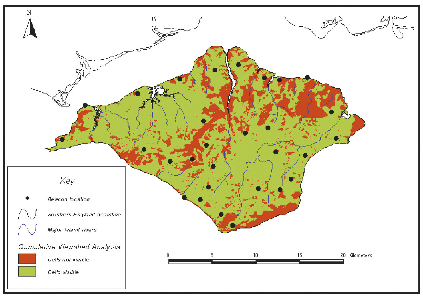 Tav. III - b: The Isle of Wight. Cumulative Viewshed Analysis of medieval beacon visibility.