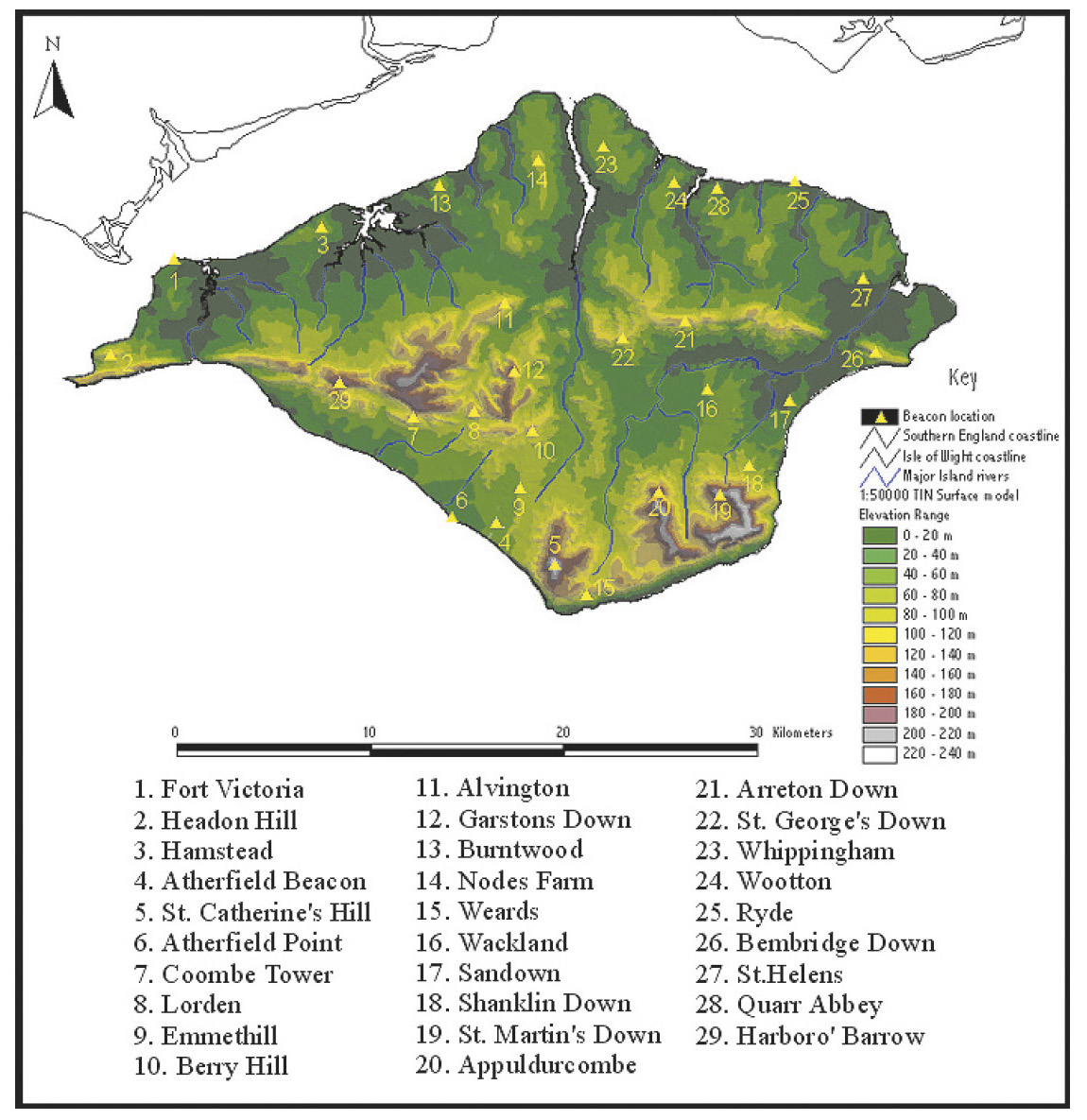 Tav. IV – a: The Isle of Wight. The location and names of the medieval beacons as listed in the Sites and Monuments Record of the Isle of Wight County Council Archaeological Unit.