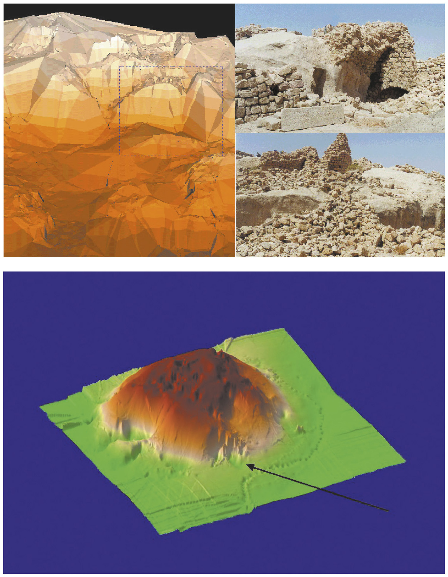 Tav. V – a: Petra (Giordania). Modello morfologico del sito di al-Wu’ayra con la sovrapposizione delle strutture del castello georeferenziate. L’altezza delle strutture non è reale.
b: Chiusi, Poggio Gaiella. Modello tridimensionale del tumulo. La freccia indica l’area della tholos.