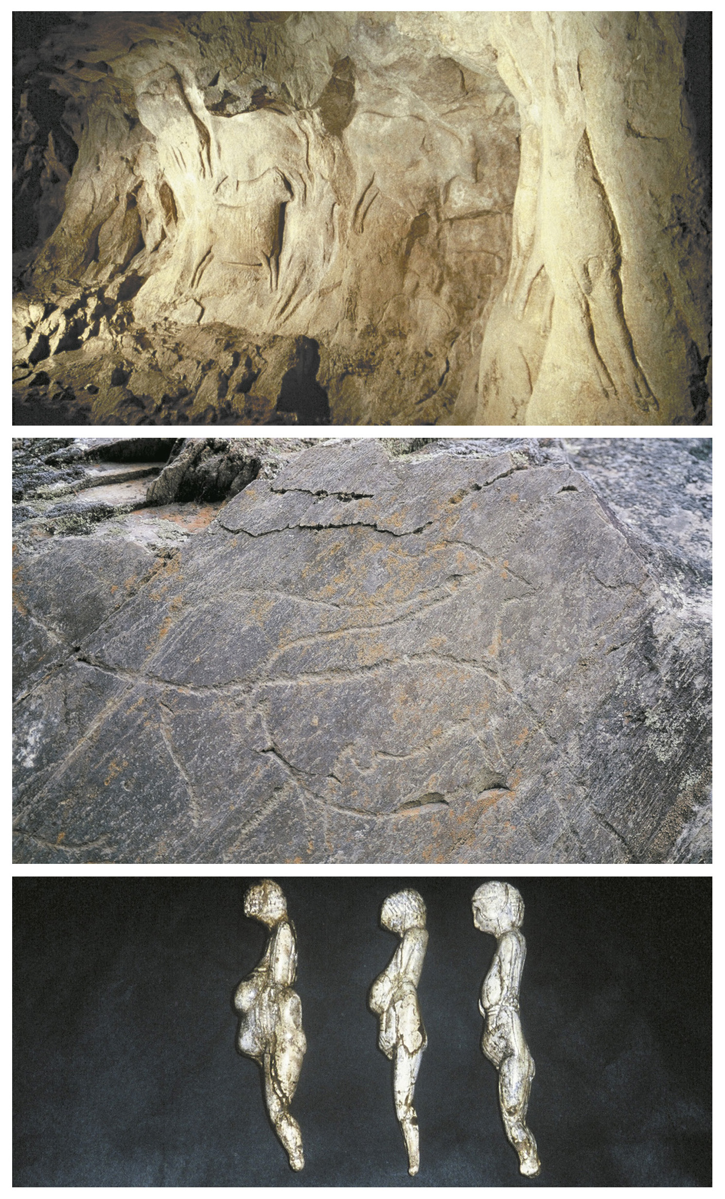 Tav. I – a: Art pariétal: frise sculptée du Roc-aux-Sorciers à Angles sur l’Anglin (France). Photo L. Iakovleva, G. Pinçon. b: Art rupestre: gravures de Foz Côa (Portugal). Photo L. Iakovleva. c: Art moblier: statuettes féminines d’Avdeevo (Russie). Photo L. Iakovleva