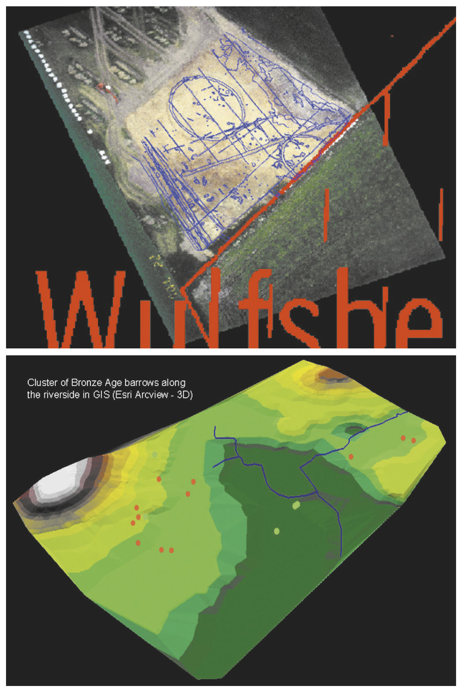 Tav. III – The Havik Project. a: Rectified image of an oblique aerial photograph during the excavation and rectified image of the excavation plan, on a topographical layer. b: Cluster of Bronze Age barrows along the riverside in GIS (Esri Arcview - 3D).