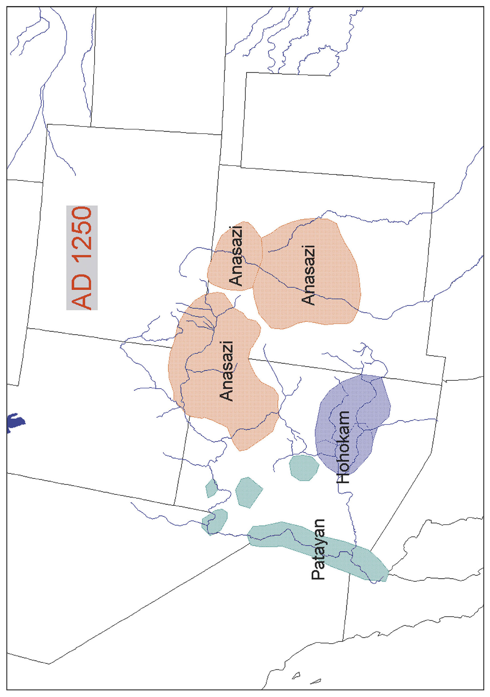 Tav. V – A single frame (AD 1250) from a color animated map of the prehistoric American Southwest, AD 1-1500, lumping archaeological cultures into five major archaeological traditions