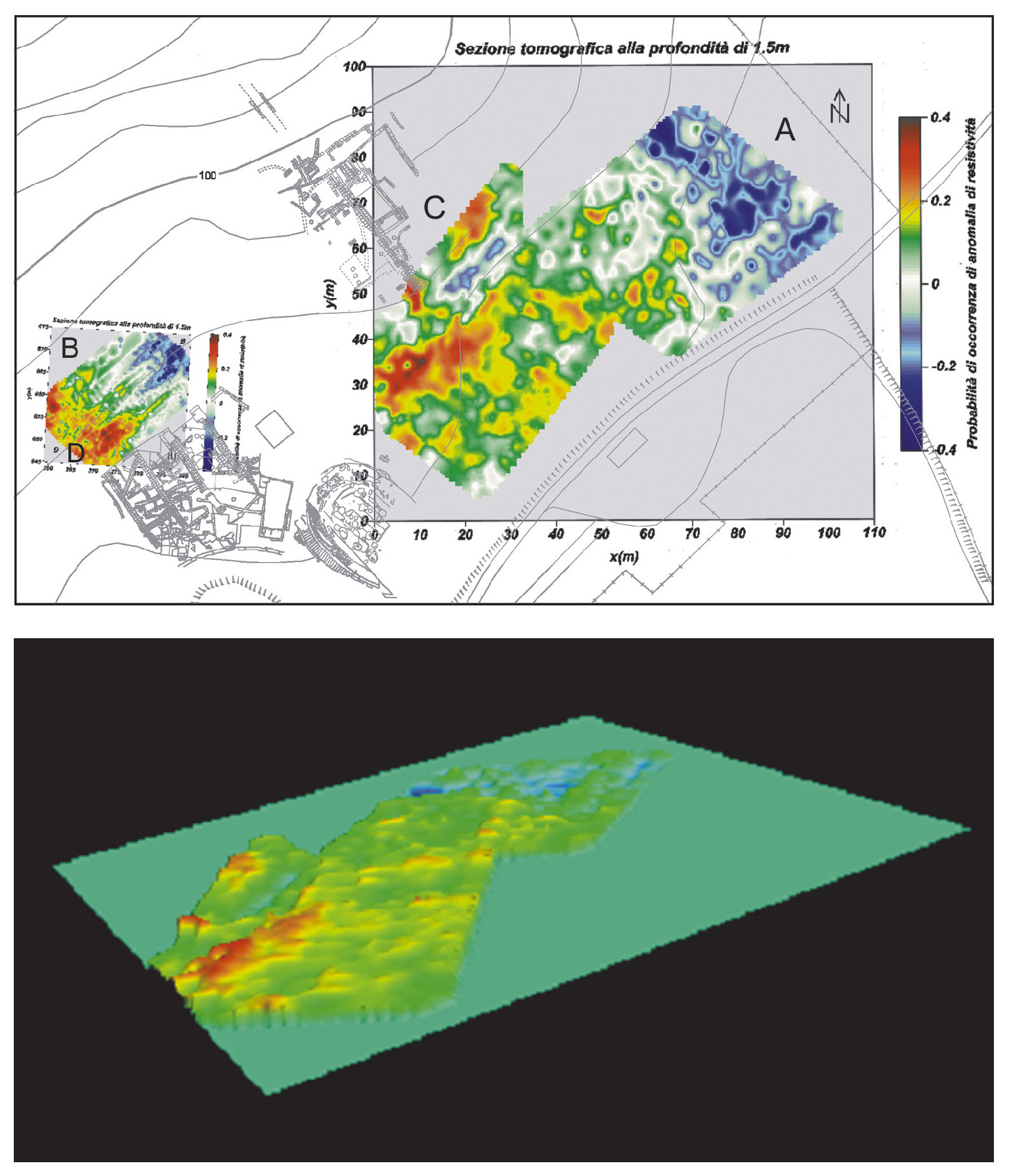 Tav. II – a: Cerveteri, Vigna Parrocchiale. Elaborazione dei dati delle prospezioni geofisiche: risultati più significativi relativi ad una sezione orizzontale di resistività. b: Cerveteri, Vigna Parrocchiale. Tomografia 3D delle anomalie riscontrate nell’area C.