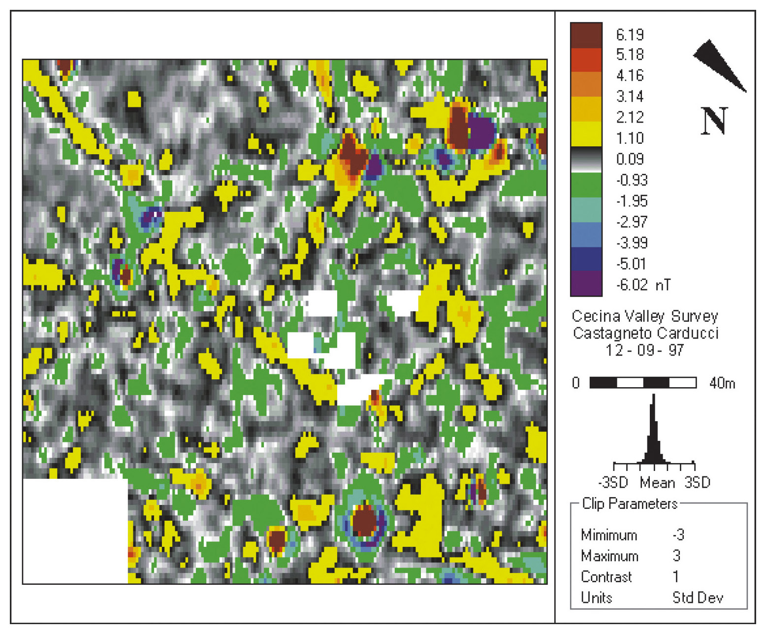 Tav. III – Results of fluxgate-gradiometer survey conducted at Castagneto Carducci, illustrated using a colour palette (positive features in yellow).