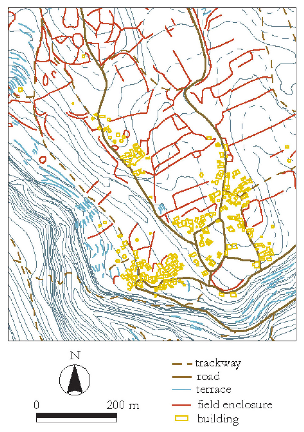 Tav. IV – a: A digitised section of the Hellenic Military Geographical Service 1:5,000 maps (the solid grey lines are 4m contours, dotted are 2m contours).