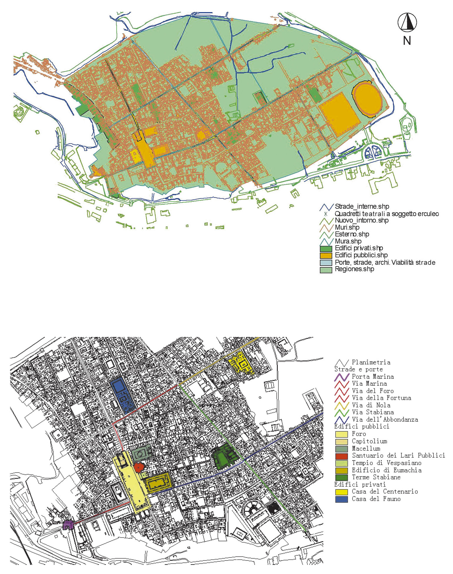 Tav. VI – a: GIS per la fruizione mobile sull’area archeologica di Pompei. b: Pompei, carta archeologica (Soprintendenza Archeologica di Pompei). In rosso, il percorso e gli edifici presi in esame nell’ambito dell’applicazione sperimentale del sistema Whyre.