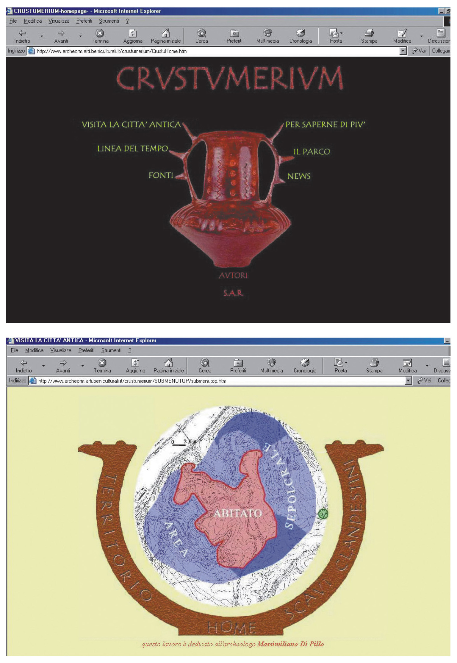 Tav. VII – a: Crustumerium on line: home page. b: Crustumerium on line: pagina principale del Submenu topografico.