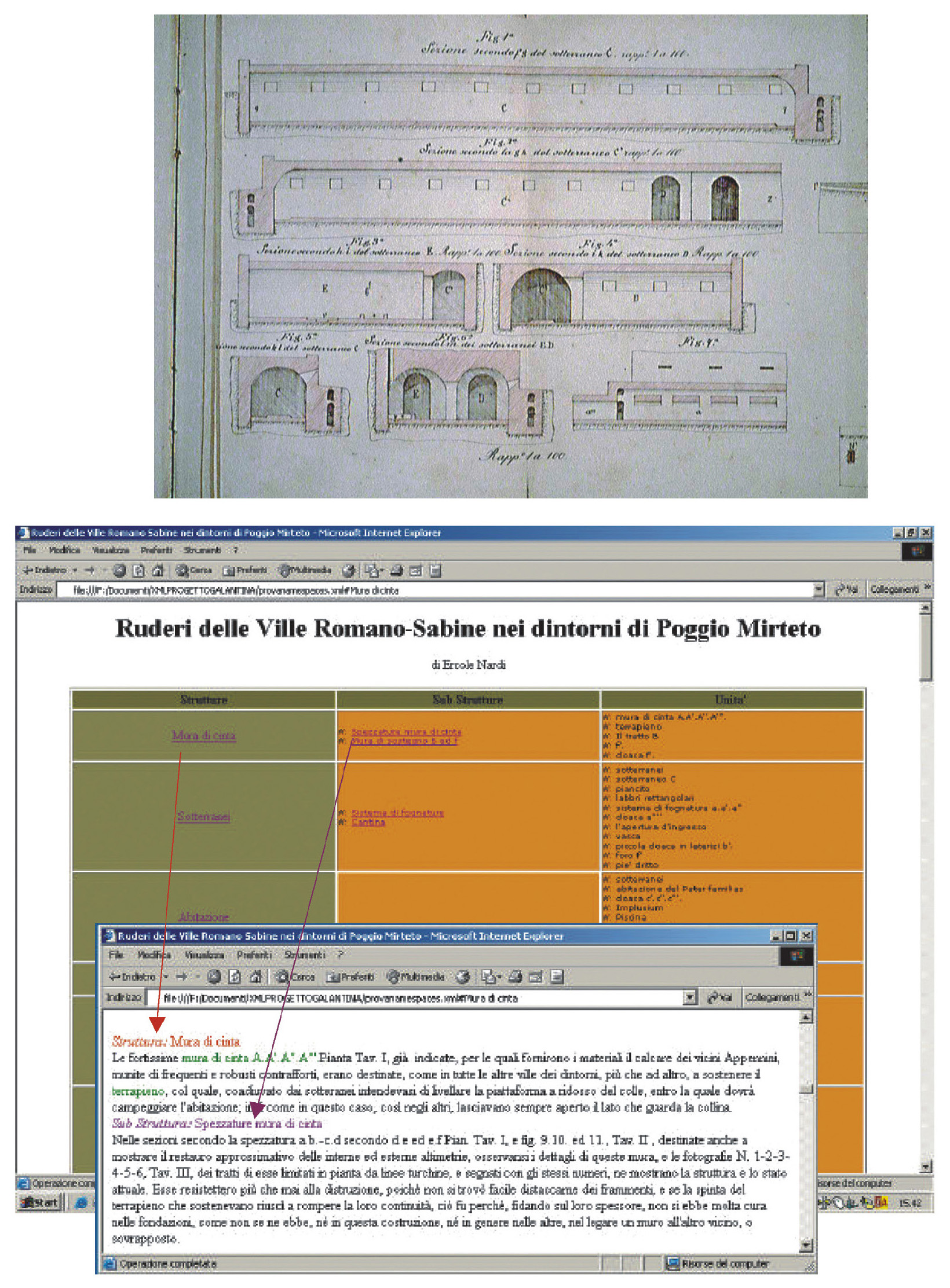 Tav. VIII – a: Primo Itinerario: Bagni di Lucilla. Sezioni in scala 1:100 delle strutture rilevate. b: Resa in Internet Explorer di un foglio di stile adeguato alla visualizzazione della marcatura archeologica.