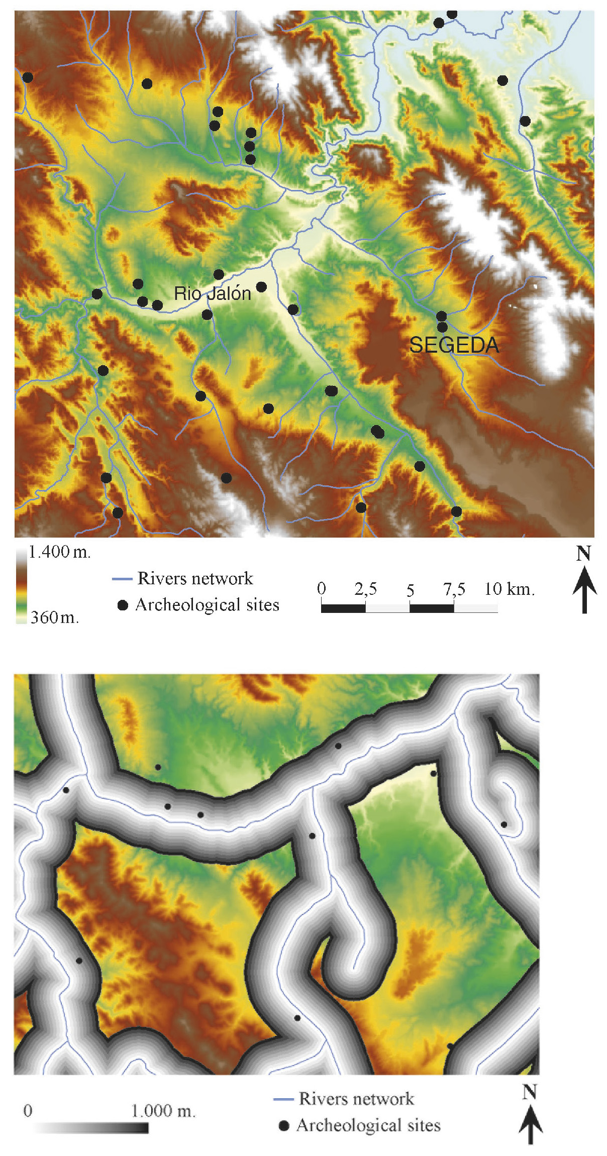 Tav. VIII – a: Digital Elevation Model of Segeda and its environs. b: Distance from the sites to the water courses.