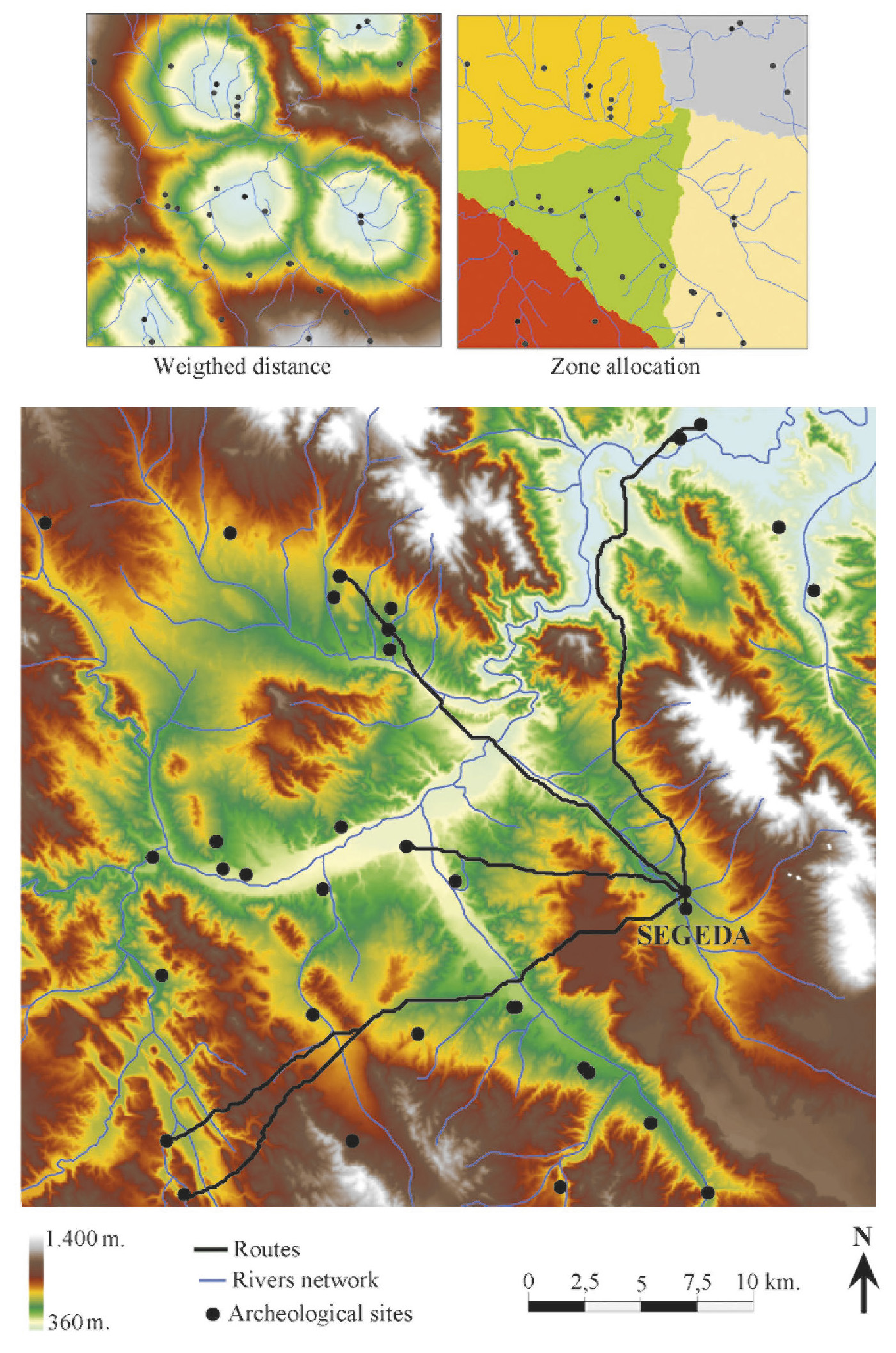 Tav. IX – a: Allocation of zones between the neighbouring sites according to the calculated distances. b: Optimum routes between Segeda and other neighbouring locations.