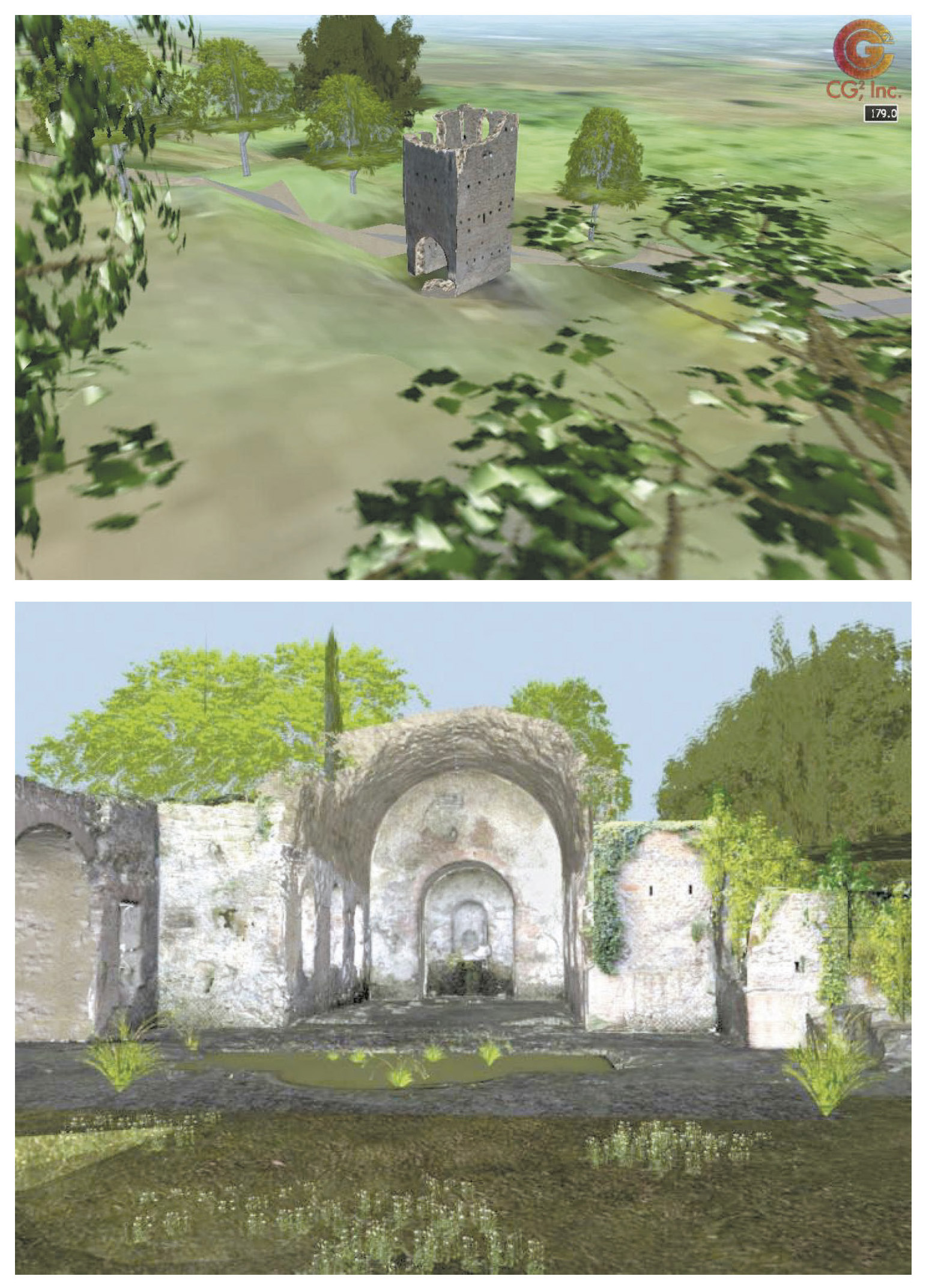 Tav. X – a: Progetto Appia Antica VR: ricostruzione e visualizzazione in tempo reale del paesaggio archeologico del parco della Caffarella. b: Progetto Appia Antica VR: modello virtuale del Ninfeo di Egeria ricostruito con rilievo laser scanner (modello Cyrax 2500, grazie al supporto Leica Geosystem), con risoluzione di 7 mm.