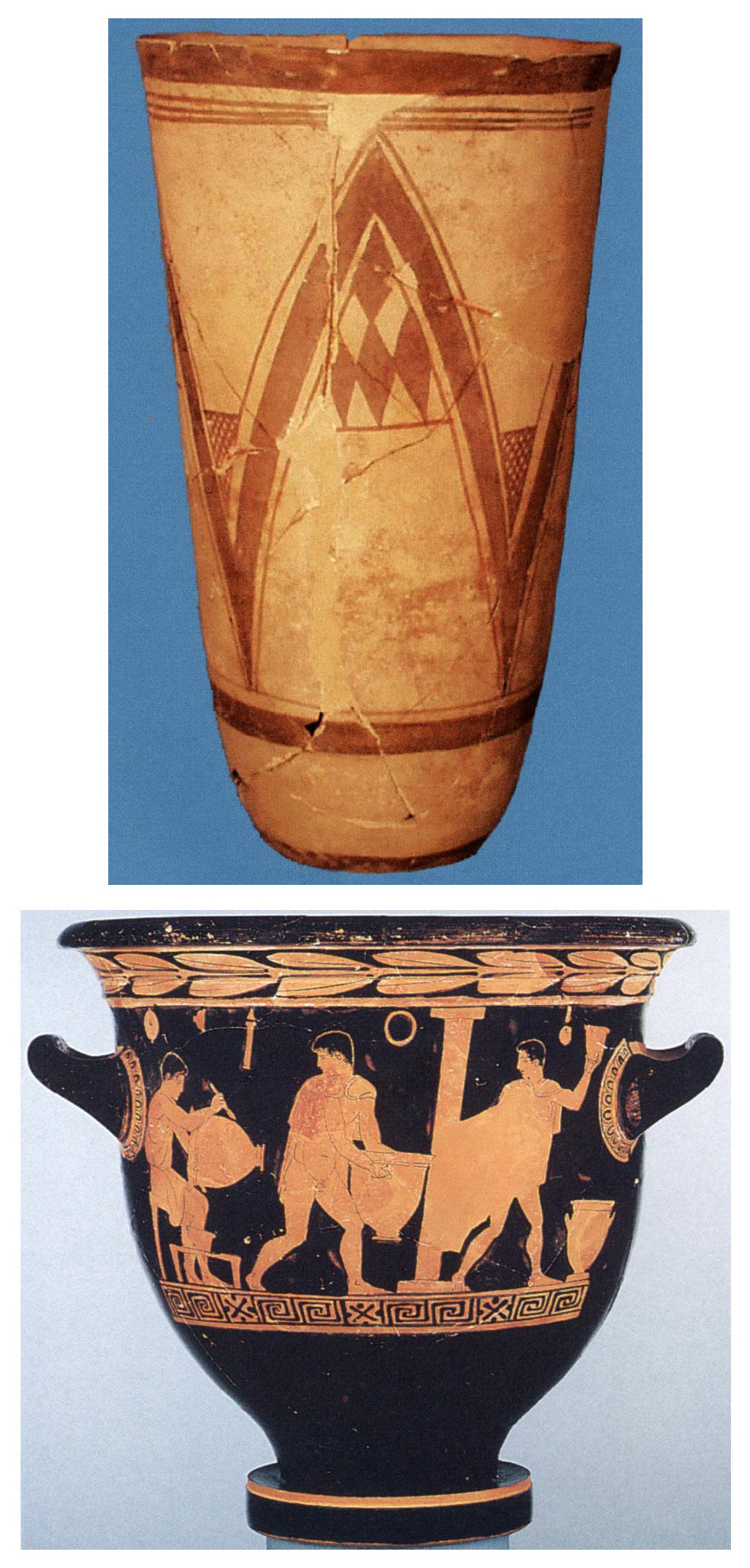 Tav. XIII – a: Proto-Elamite beaker from Susa (about 3500 BC). Ashmolean Museum. b: Athenian red-figure bell-krater (about 460 BC). Ashmolean Museum G287 (V 526).